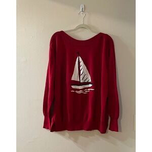 Belle by Kim Gravel Red Sailboat Graphic Knit Sweater Womens XL Long Sleeve